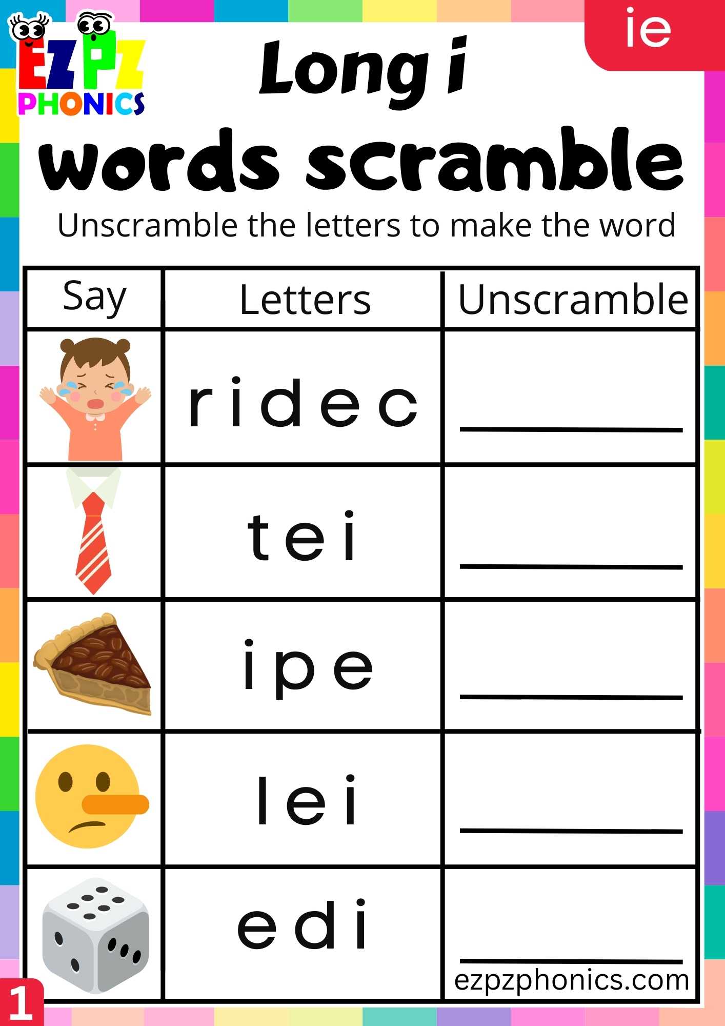 IE Words Words Scramble Long I Phonics Worksheet